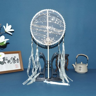 Retro round fan long handle fan dancing fan palace fan ribbon gold pearl edging classical embroidery craft fan