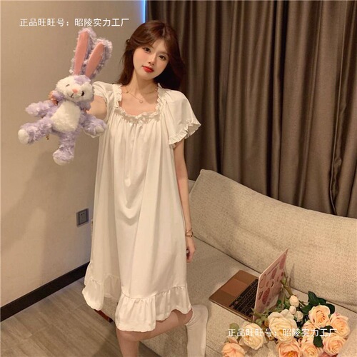 2025 Cute Princess Style Short-Sleeve Nightgown for Women Summer Off-the-Shoulder Sweet Medium-Length Vapeur Live E-commerce Group Purchase