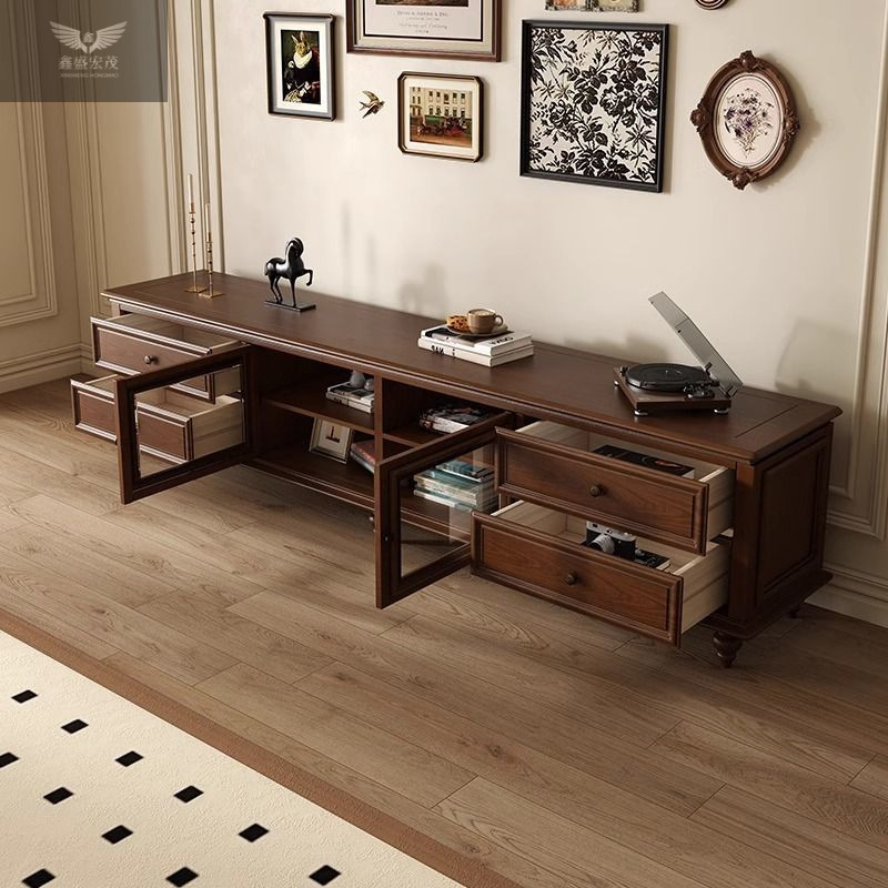 Retro estilo medieval color nuez lujo ligero piso al suelo gabinete de televisión Logan estilo americano gabinete de televisión de madera sólida 24 años nuevo modelo de alta calidad image 5
