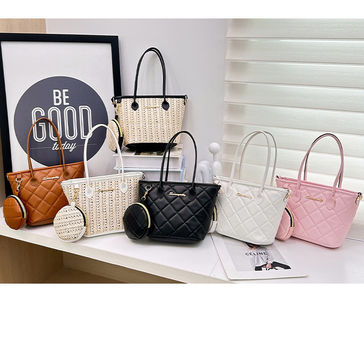 Polyester Lining Material Women's Medium Pu Leather Argyle Streetwear Sewing Thread Bucket Zipper Tote Bag