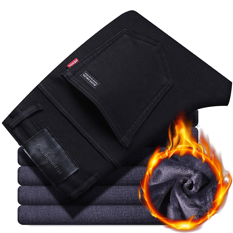 Thickened Black Winter Velvet Jeans Loose Straight Pants New High Waist Casual Stretch Men's Pants to Heattech