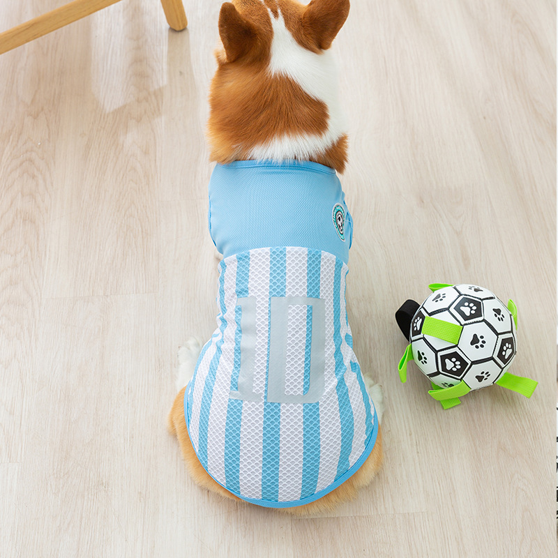 Verano Corgi deportes estilo fútbol rayas chaleco mediano y pequeño perro pájaro ojo Malla tela transpirable ropa de verano para mascotas