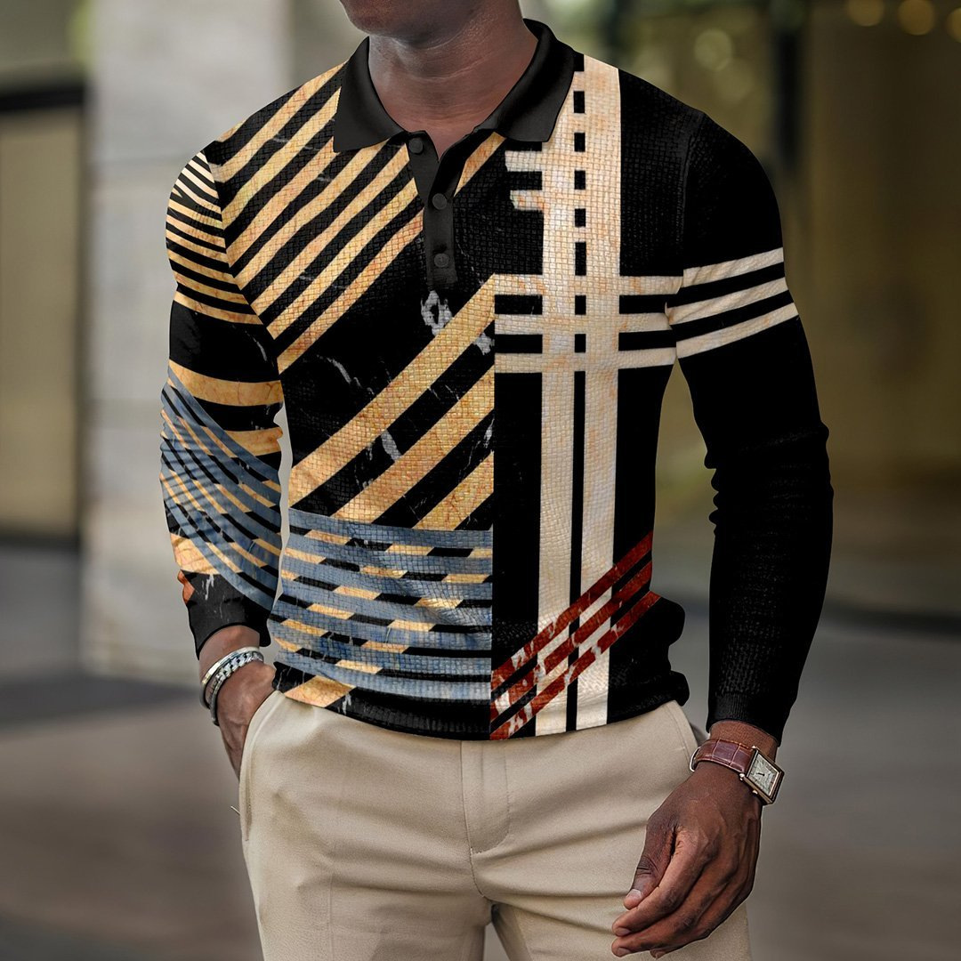 Man's clothing Trend 3D digital print Polo shirt loose trend long sleeve button_voghion.com