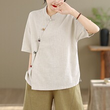 新款复古斜襟盘扣棉麻上衣女夏季薄款新中式国风禅意茶服短袖红色