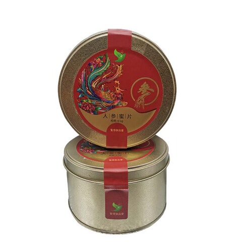 Changbai Mountain Fresh Ginseng Honey Slices 65g Iron Box Packaging Source Origin Ginseng Snack Manufacturer Wholesale Fresh Ginseng Honey Slices