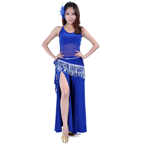 Semi-sheer gauze suspender top + single-open straight pants + wrinkled suspender waist chain, three-piece belly dance suit