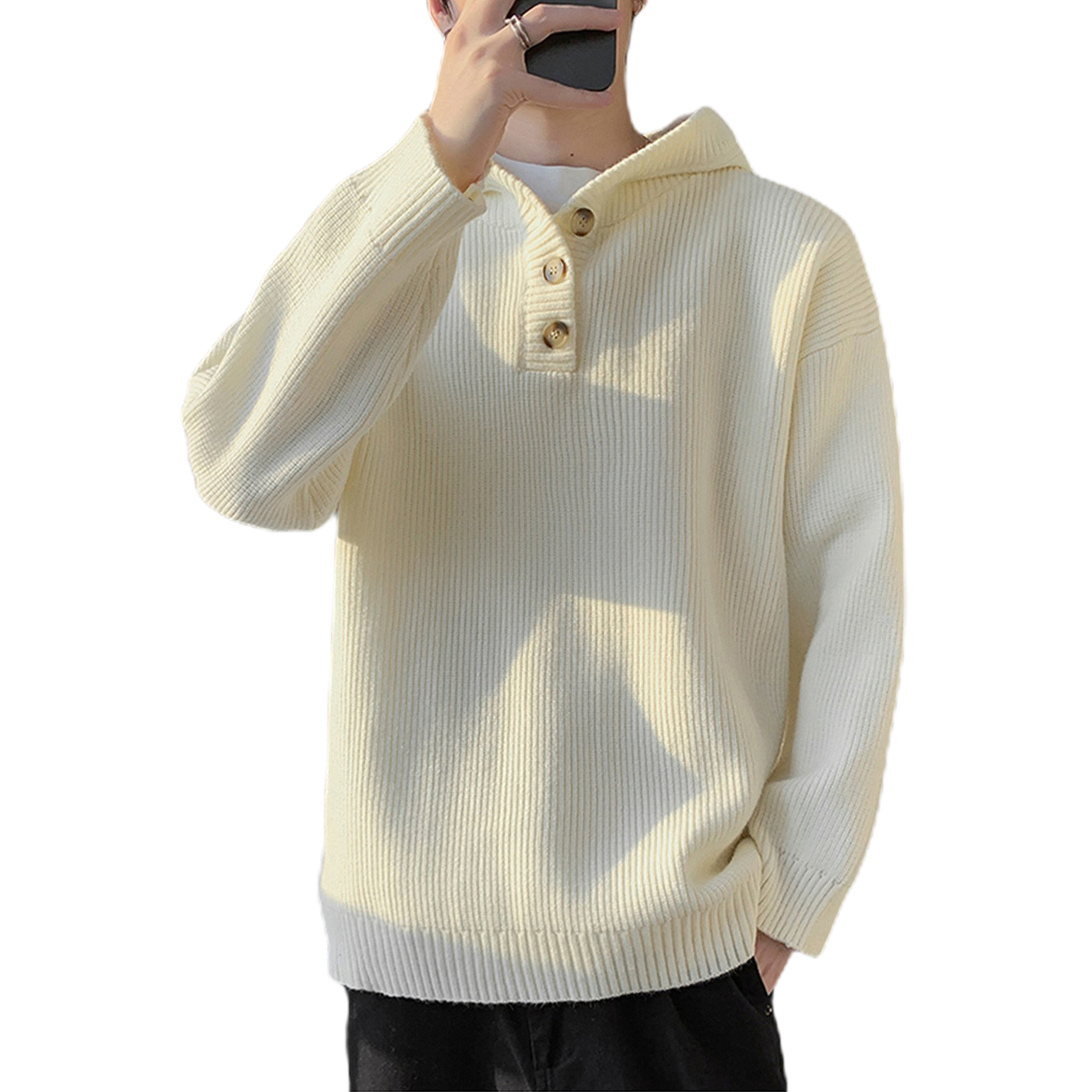 Explosiones transfronterizas de tamaño europeo suéter de punto con capuzas hombre flojo viento medio abierto botón fábrica de marea al por mayor