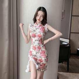 甜美气质纯欲风包臀短裙时尚复古少女花色修身开叉改良旗袍连衣裙