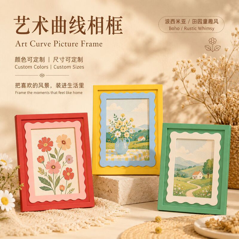 Macaron wave curve photo frame, pastoral and childlike, color-blocking picture frame, dual-use for display or hanging, suitable for children's room, customizable Macaron wave curve photo frame, pastoral and childlike, color-blocking picture frame, dual-use for display or hanging, suitable for children's room, customizable