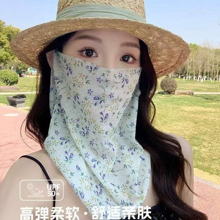 New Floral Half-Face Covering and Neck Protection Integrated Sun Protection Mask for Women, Anti-Uv Outdoor Cycling Ice Silk Ear-Hanging Face Mask