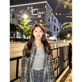 港味复古chic格纹衬衫外套显瘦叠穿内搭宽松显瘦长袖衬衣外穿开衫