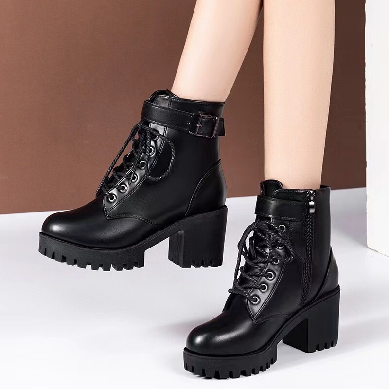 European and American Large Size Winter New Leather Boots Lace-Up Black Boots Round Toe Thick Heel High Heel Belt Buckle Women's Short Boots Trendy