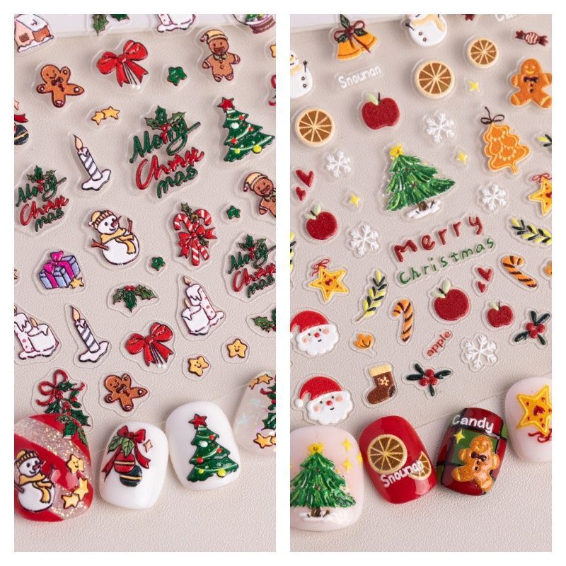 Xiaohongshu Nail Art Stickers New Style Nail Stickers 3D Snowflake Embossed Gingerbread Christmas Tree Snowman Cute Nails