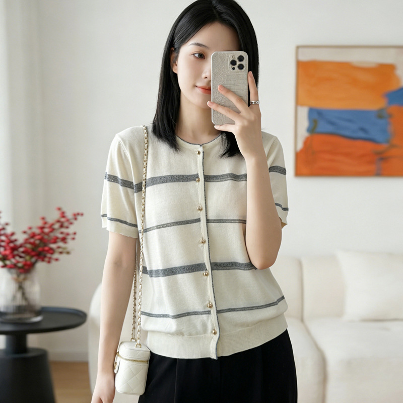Summer Round-Neck Striped Loose Thin Cardigan for Women, Skin-Friendly, Figure-Flattering, Buttoned Knit Short-Sleeve T-Shirt Top Summer Round-Neck Striped Loose Thin Cardigan for Women, Skin-Friendly, Figure-Flattering, Buttoned Knit Short-Sleeve T-Shirt Top