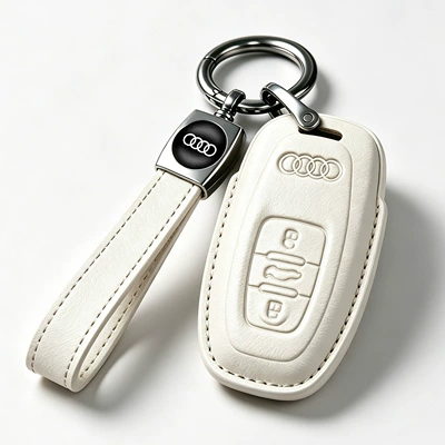 q4etron case, Car key bag - type-c-white-leather-case-elastic-loop-leather-cord-key-holder