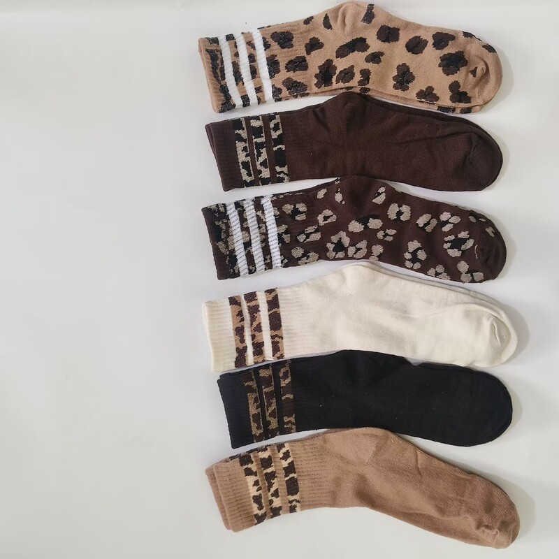 Leopard Print Socks for Women, Striped Mid-Calf Socks, Versatile Ins-Style American Fashion Women's Socks