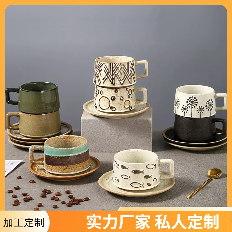 Набор керамических кофейных чашек для трансграничной торговли, японские керамические чашки для магазинов молочного чая, ретро-чашки и блюдца из керамогранита, оптовая продажа напрямую
