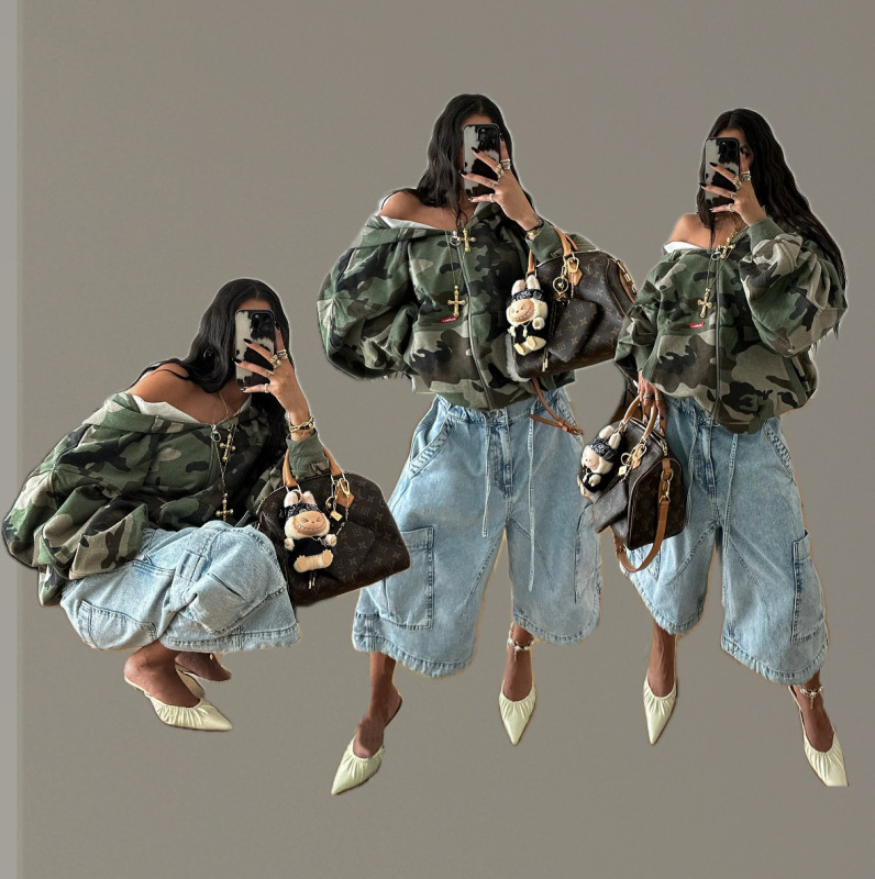 M2025 Cross-Border Foreign Trade Women's New Style Washed Workwear Cropped Pants with Multiple Pockets, Loose and Unique Casual Jeans