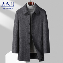 加棉加厚毛呢大衣男秋冬新款中老年羊毛呢大衣爸爸装条纹外套男装