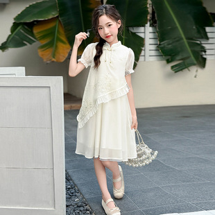 Girls' Chinese-Style Dress Summer 2025 New Fashionable Retro Cheongsam Dress with Traditional Chinese Buttons