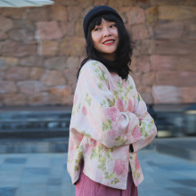 春季新款新中式粉色印花上衣 国风盘扣摇粒绒开衫 女装外套A1135