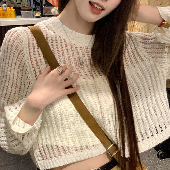 Designový smysl: Tenký dutý síťovaný pletený svetr s dlouhým rukávem, opalovací krém, pro ženy, volný a všestranný na jaro a..._voghion.com