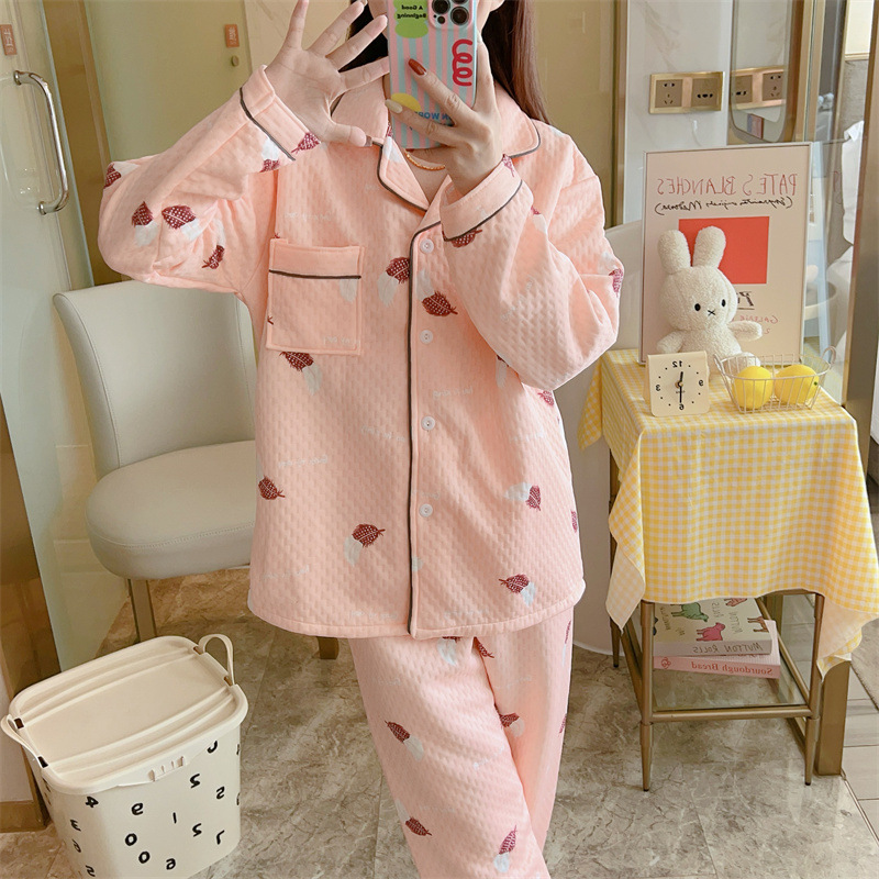 (2개) 봄, 가을 여성을 위한 새로운 잠옷, 퀼팅 라펠 가디건, 따뜻한 샌드위치 수트, 편안한 가을 겨울 캐주얼 홈웨어