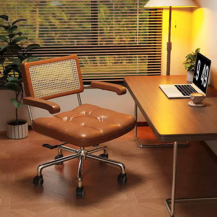 电脑椅家用藤编复古办公椅书房卧室学习书桌椅子靠背餐椅升降转椅