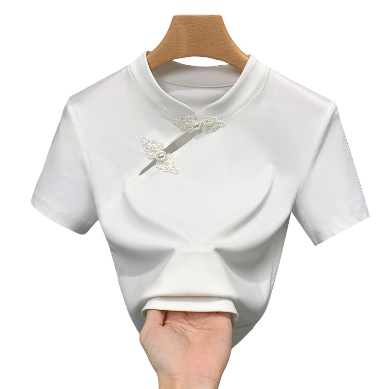 2025 camiseta de manga corta de mujer nueva ropa de mujer verano retro cuello de algodón sólido camiseta de abrazadera de estilo antiguo collar image 5