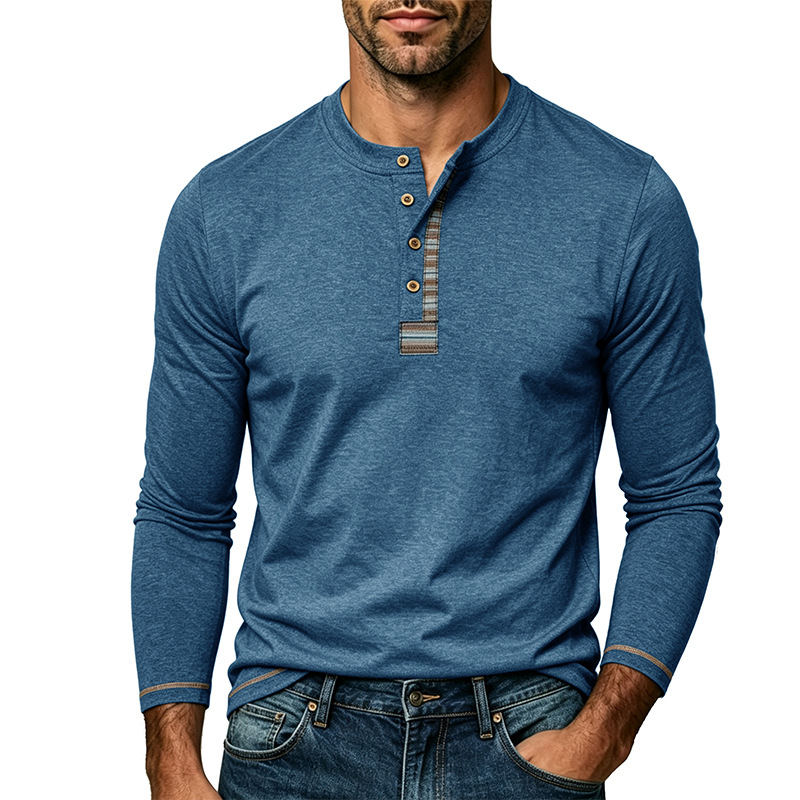 K Men's Round Neck Long Sleeved Tough Guy Henry Collar T-shirt With Four Button Down Base_voghion.com