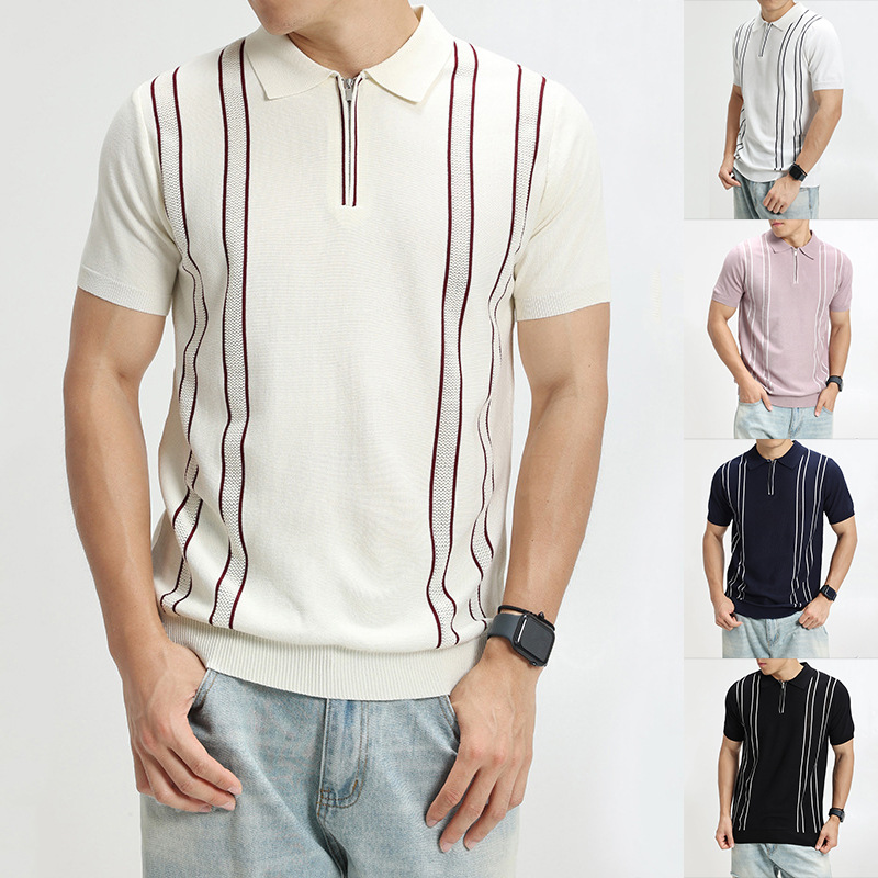 Polo camiseta camiseta de punto camiseta de manga corta camiseta de hombre solapa media cremallera rayas viejas líneas de viento de hielo de verano fábrica transfronteriza al por mayor