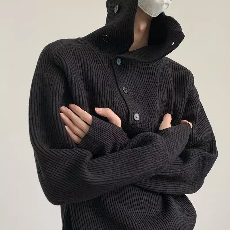 Botón estilo coreano suave textura glutinosa medio suéter de cuello alto de los hombres de alto grado de otoño e invierno flojo perezoso suéter abrigo de moda