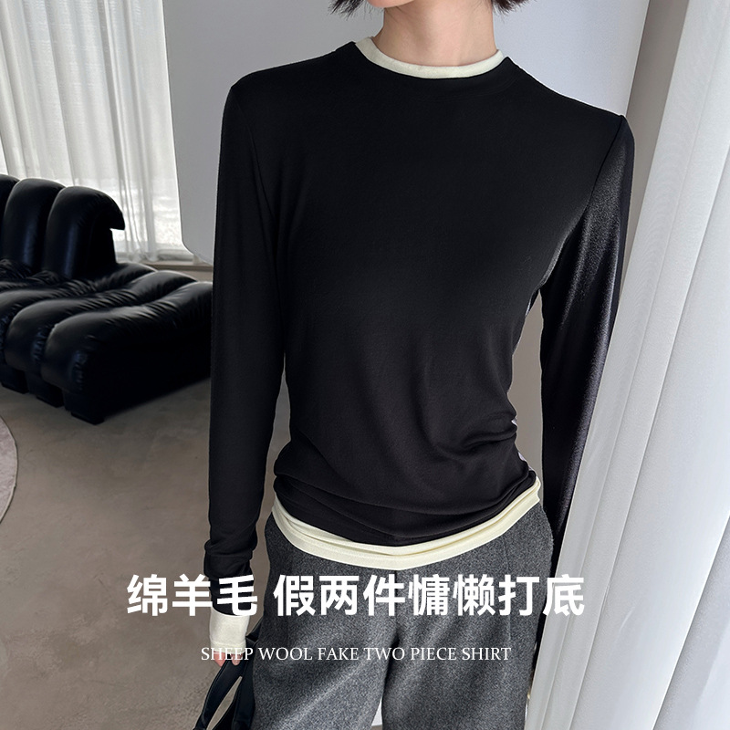Women's wool layered base layer top, autumn and winter warm knitted long-sleeved T-shirt, slimming and casual outerwear.
