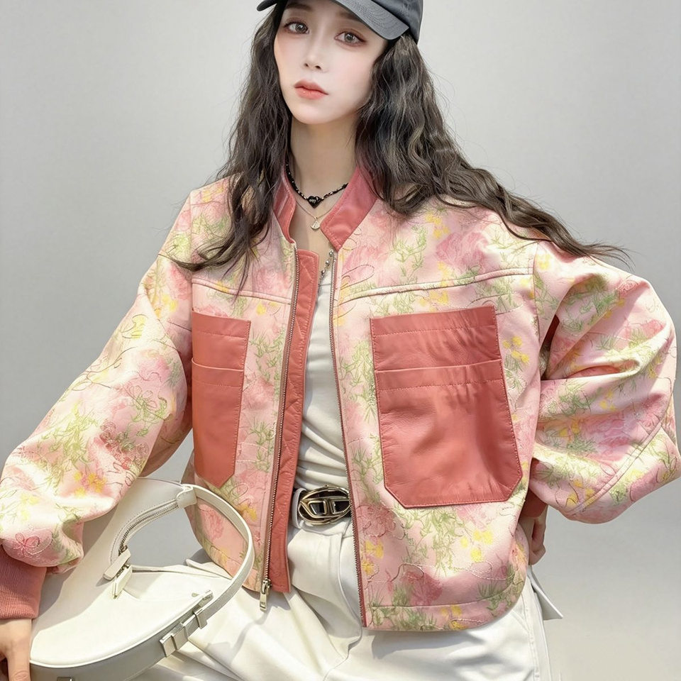 Áo khoác cardigan nữ dáng rộng họa tiết retro in 3D cổ đứng khóa kéo — Màu cam, Màu hồng