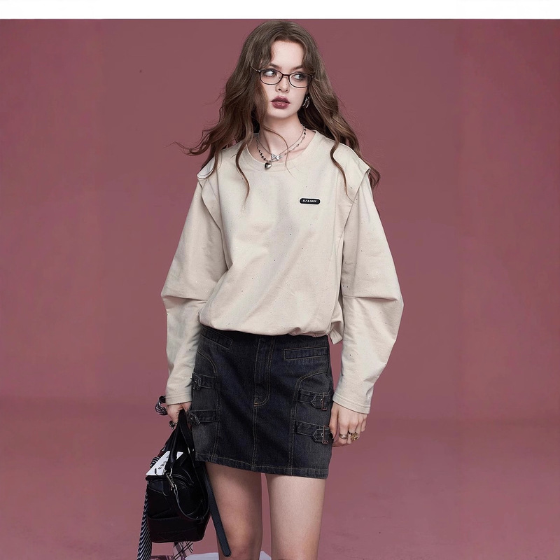 妖精的口袋灰色坎肩烫银圆领卫衣女2025秋季新款宽松长袖休闲上衣|undefined