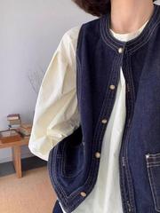 日系复古牛仔马甲女春秋小个子短款叠穿衬衫小坎肩外搭上衣马夹