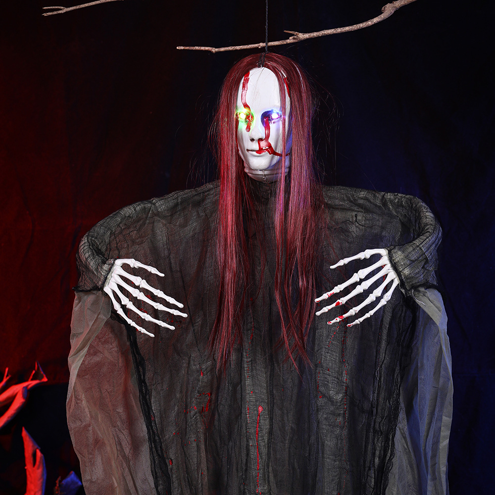 Casa encantada de Halloween, habitación secreta, bar, escena de terror, decoración, accesorios, ojos brillantes, cabello rojo, gran fantasma colgante image 4