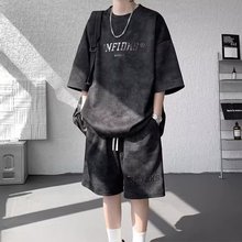 现货批发复古扎染短袖套装男港风潮牌宽松青少年美式高街夏季套装