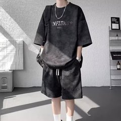 スポット卸売レトロ絞り染め半袖スーツメンズ香港ファッションブランドルーズティーンエイジャーアメリカのハイストリートサマースーツ