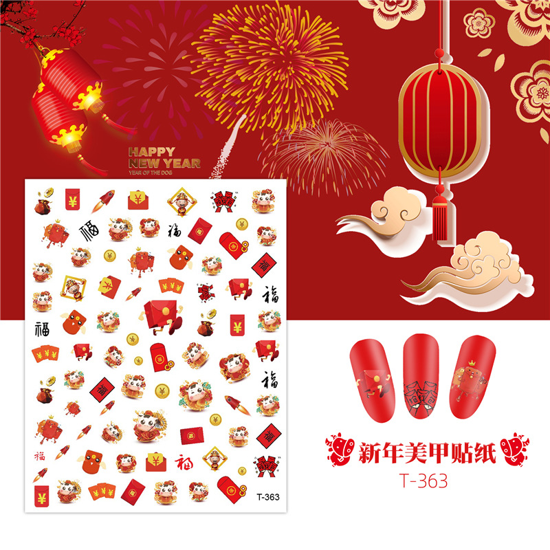 2021 manicura pegatinas de año nuevo gato afortunado fortuna pegatinas de uñas festivo estilo chino calcomanías de uñas Rojas netas