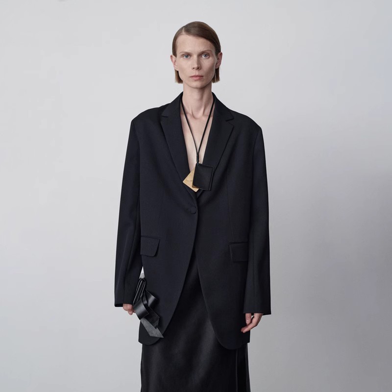 TH~ ROW Single-Button Wool Suit, Simple and Loose Fit, 2025 Spring and Autumn Commuter Long-Sleeved Black Suit Jacket for Women