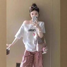 手绘纯棉短袖T恤衫女落肩露肩印花半袖体恤上衣服斜肩男女装棉t潮