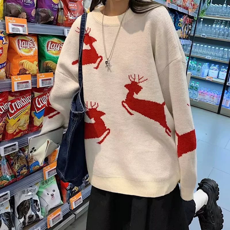 Demi-season knitted sweater unisex, cute bear/deer motif, sizes M–3XL (recommended body weight)