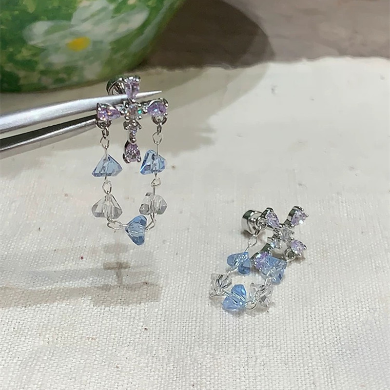 铃兰童话蓝色水晶十字架钛钢耳钉星星耳饰耳骨钉个性流苏耳环批发|undefined