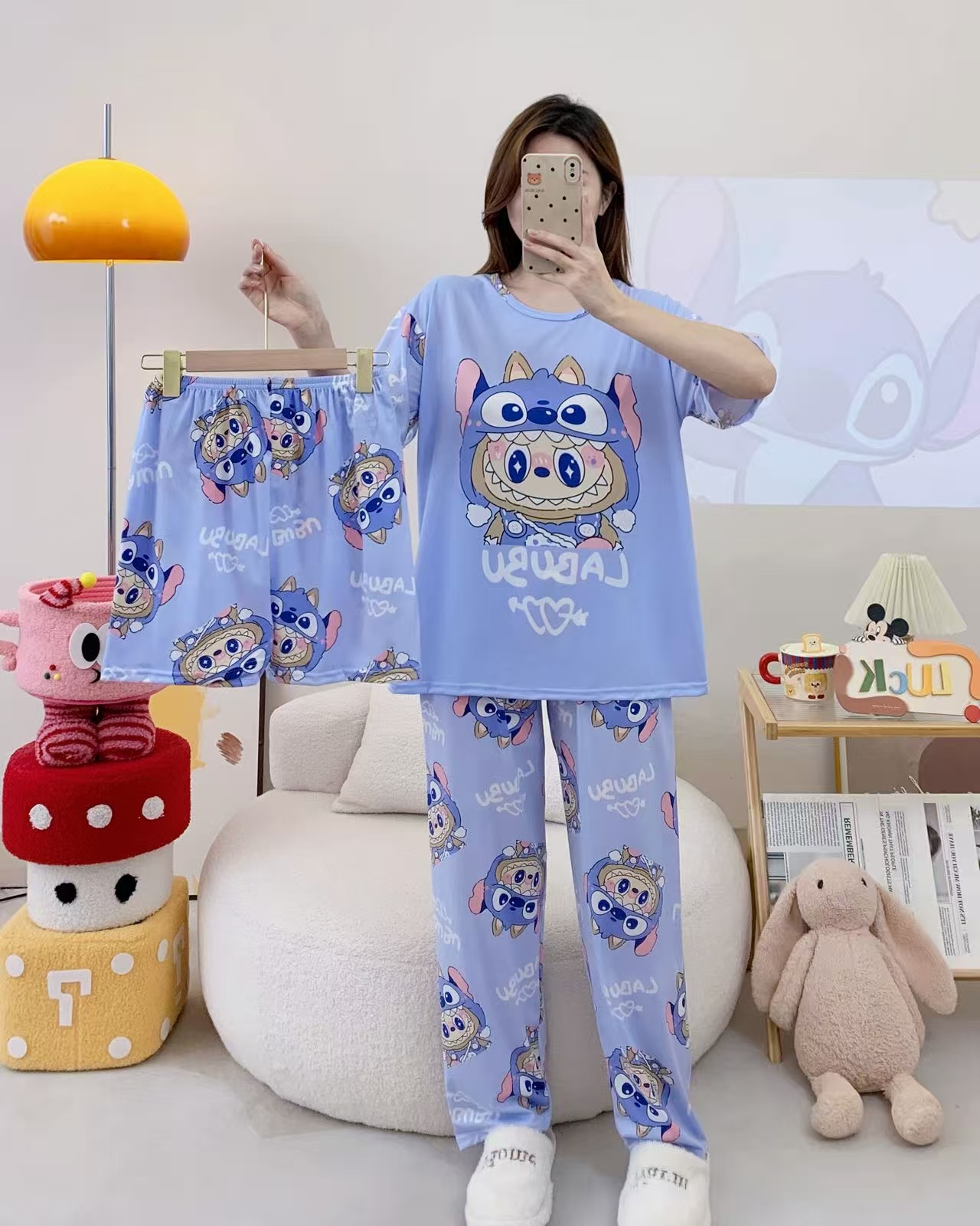 Pijamas de verano transfronterizos pijamas de leche de seda de tres piezas set de dibujos animados comercio exterior ropa para el hogar pantalones de mangas cortas lindos