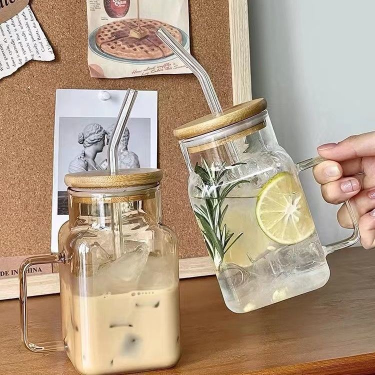 Vaso cuadrado de vidrio con asa, taza de borosilicato de alta resistencia, taza de oficina de gran capacidad con tapa.