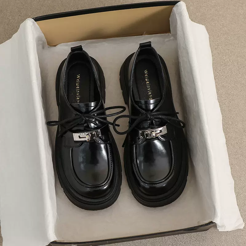 威威女郎 805-2厚底乐福鞋女春秋系带复古小皮鞋粗跟软底大码女鞋