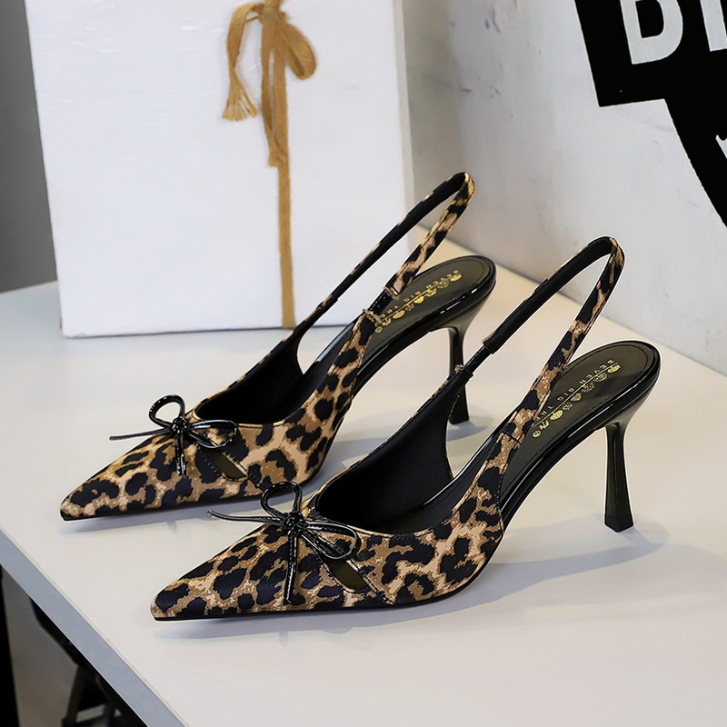 7317-A13 European and American High-Heeled Shoes, Feminine Leopard Print, Versatile Back Strap, Bow Pointed Toe Stiletto Shoes