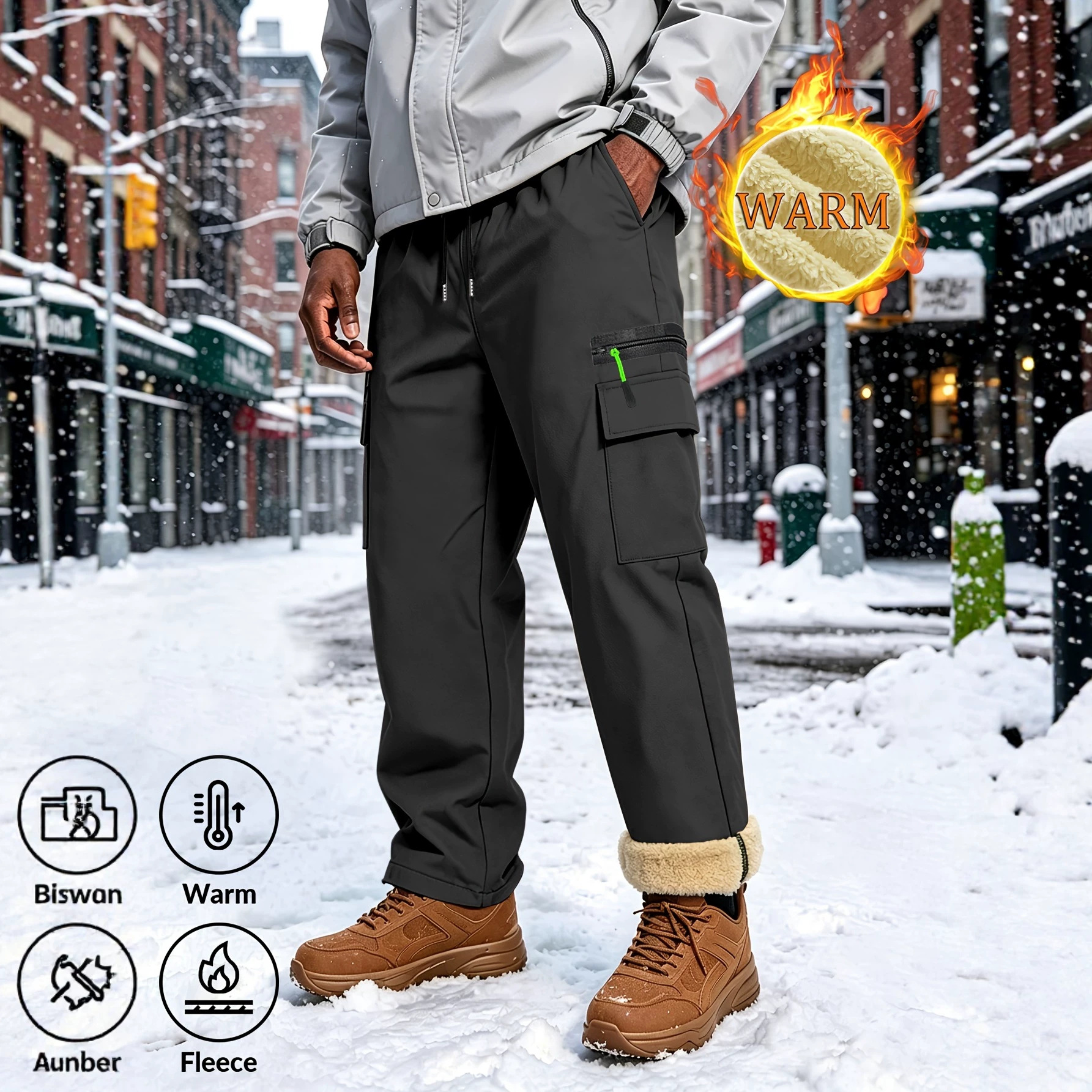 Cross-border men's outdoor sports and leisure long pants, windproof, straight-leg work pants, fleece-lined for warmth, suitable for hiking