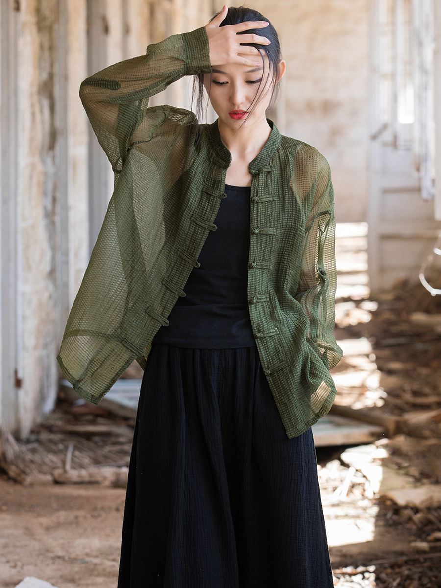 Camisa de algodón y lino estilo chino para mujer, diseño único, protección solar, cárdigan moderno para aire acondicionado, colección otoño 26.